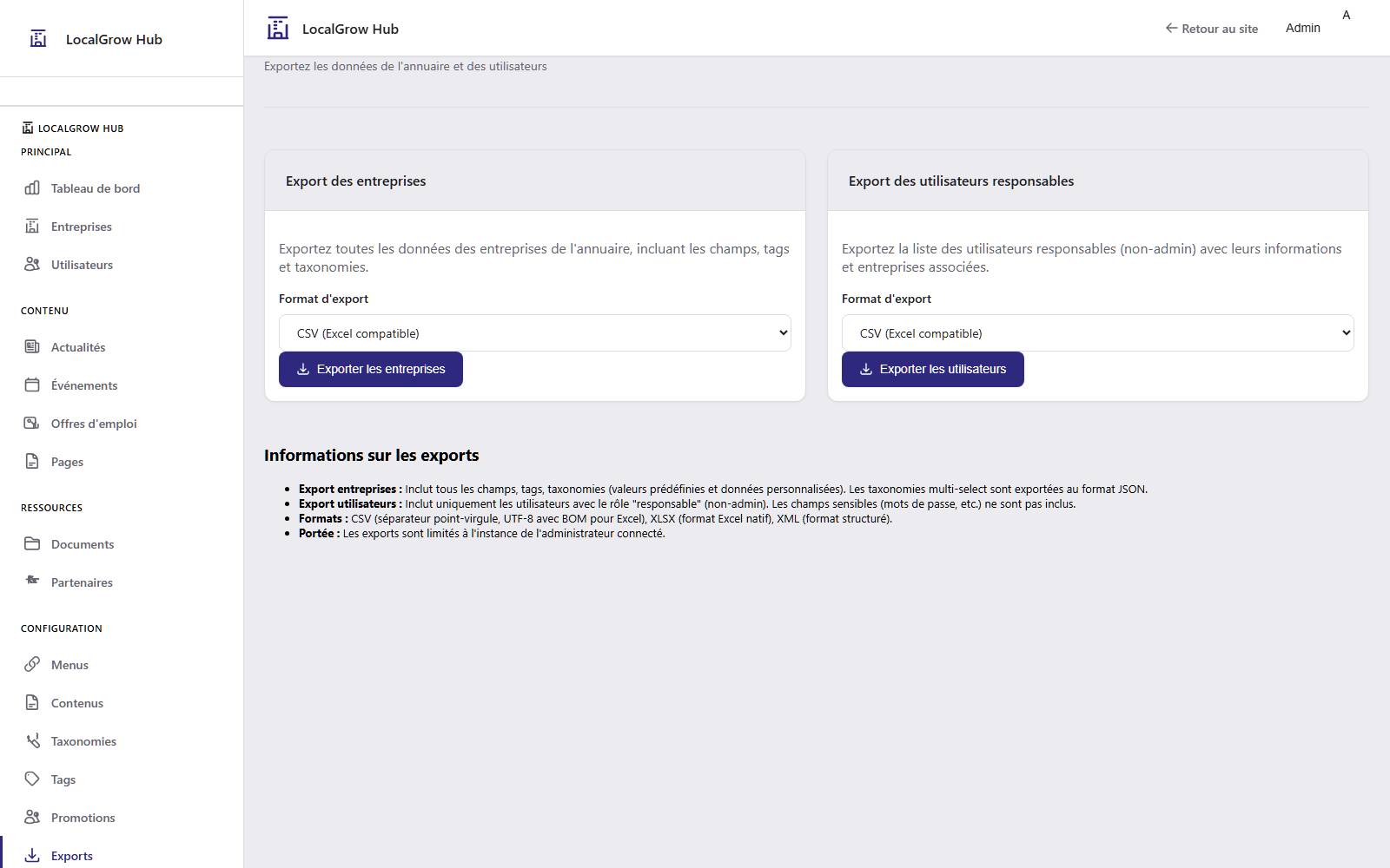 Interface d'export de l'annuaire Tissely (CSV, JSON, XML)